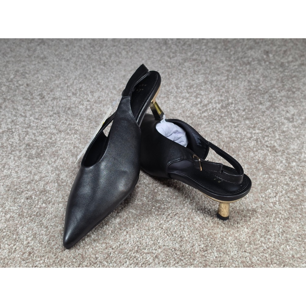 A New Day Samantha Black Slingback Pointed Toe Kitten Heels Gold Detail Womens 7 - Picture 4 of 6